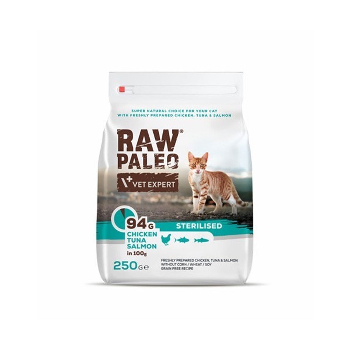 Raw Paleo maistas sterilizuotoms katėms su vištiena ir žuvimi, 250 g - 